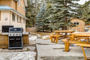 Un jardin avec un barbecue, des tables de pique-nique et une terrasse en bois.