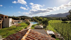 Uma villa com piscina, estrutura com telhado de pedra e vinhedo ao fundo.