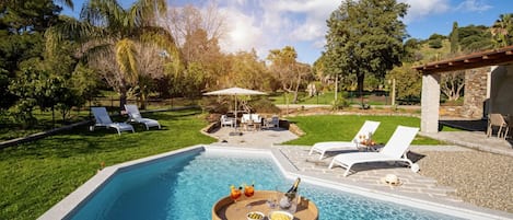 Piscina con sillas de descanso y un atril para bebidas, rodeada de césped y árboles.