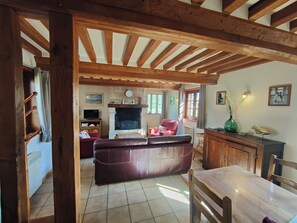 Televisión, chimenea, libros, estéreo