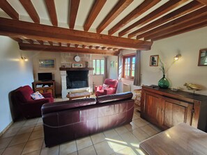 TV, fireplace, books, stereo