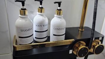 Douche, sèche-cheveux, serviettes fournies, savon