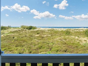 A view from a balcony overlooking a beach with dunes and sparse vegetation. - 4 Star Holiday Home in Hojby (Hojby)