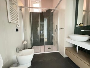 Douche, sèche-cheveux, bidet, serviettes fournies