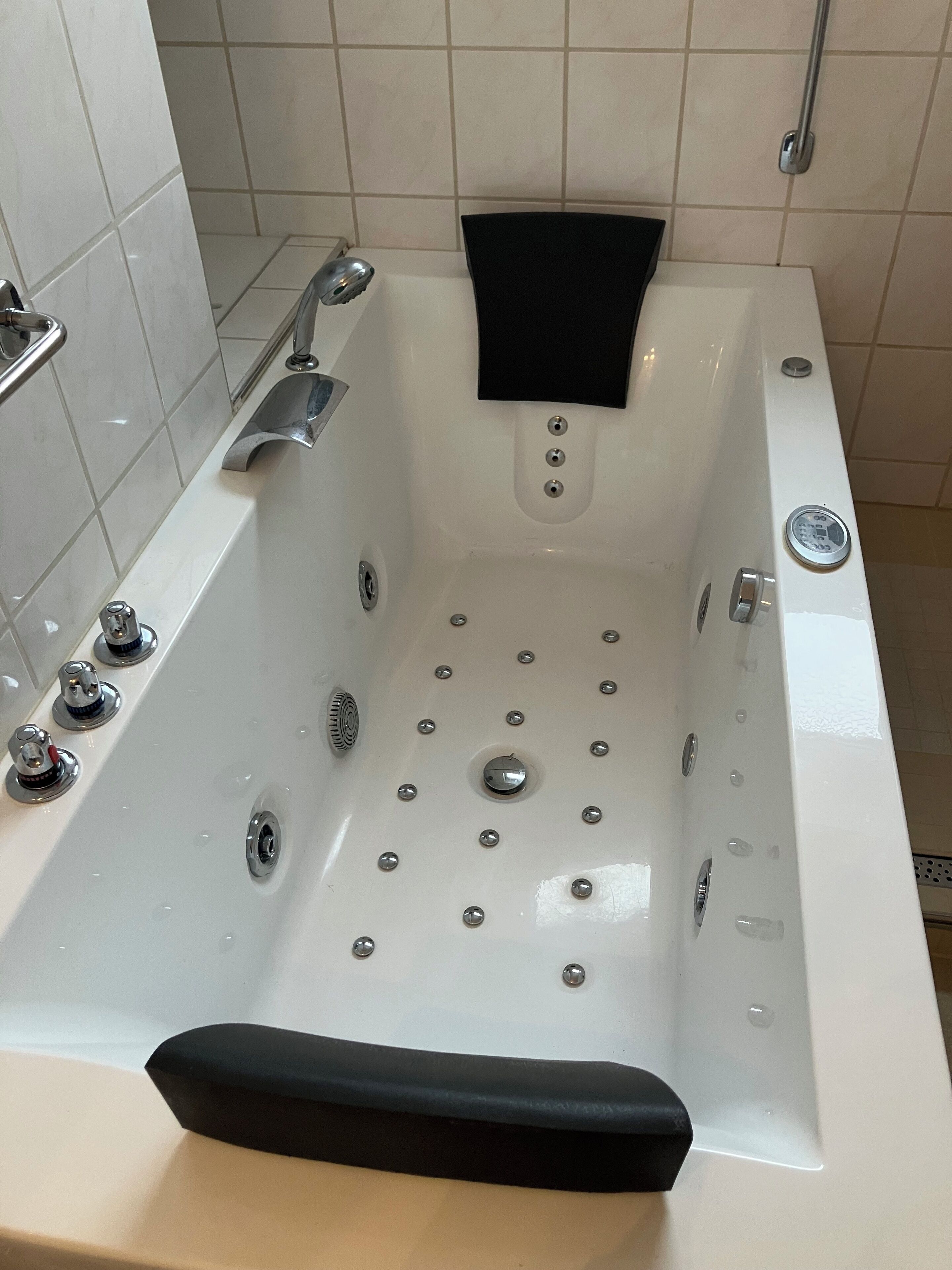 Shower, jetted tub, hair dryer, towels