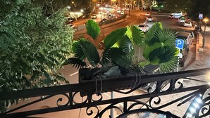 Nachtzicht vanaf een balkon met een hekwerk, met uitzicht op een straat met auto's en verlichte gebouwen.