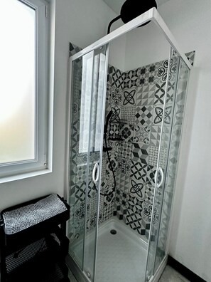 Shower, hair dryer, toilet paper