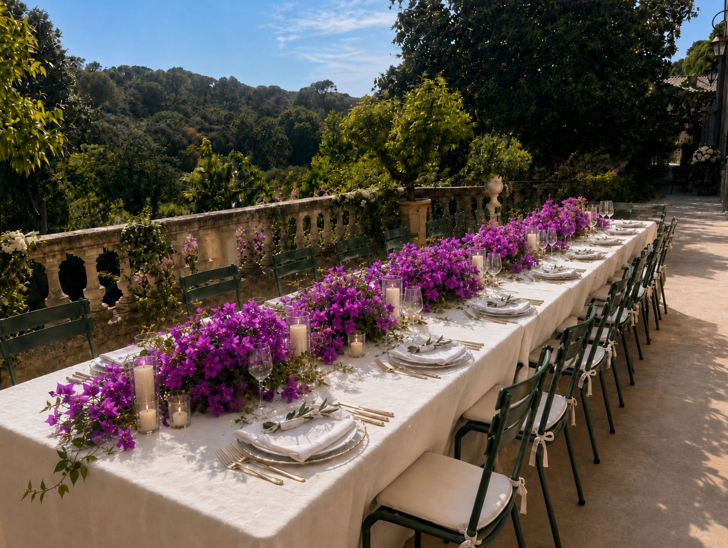 An outdoor dining table set up with chairs, surrounded by a garden view.