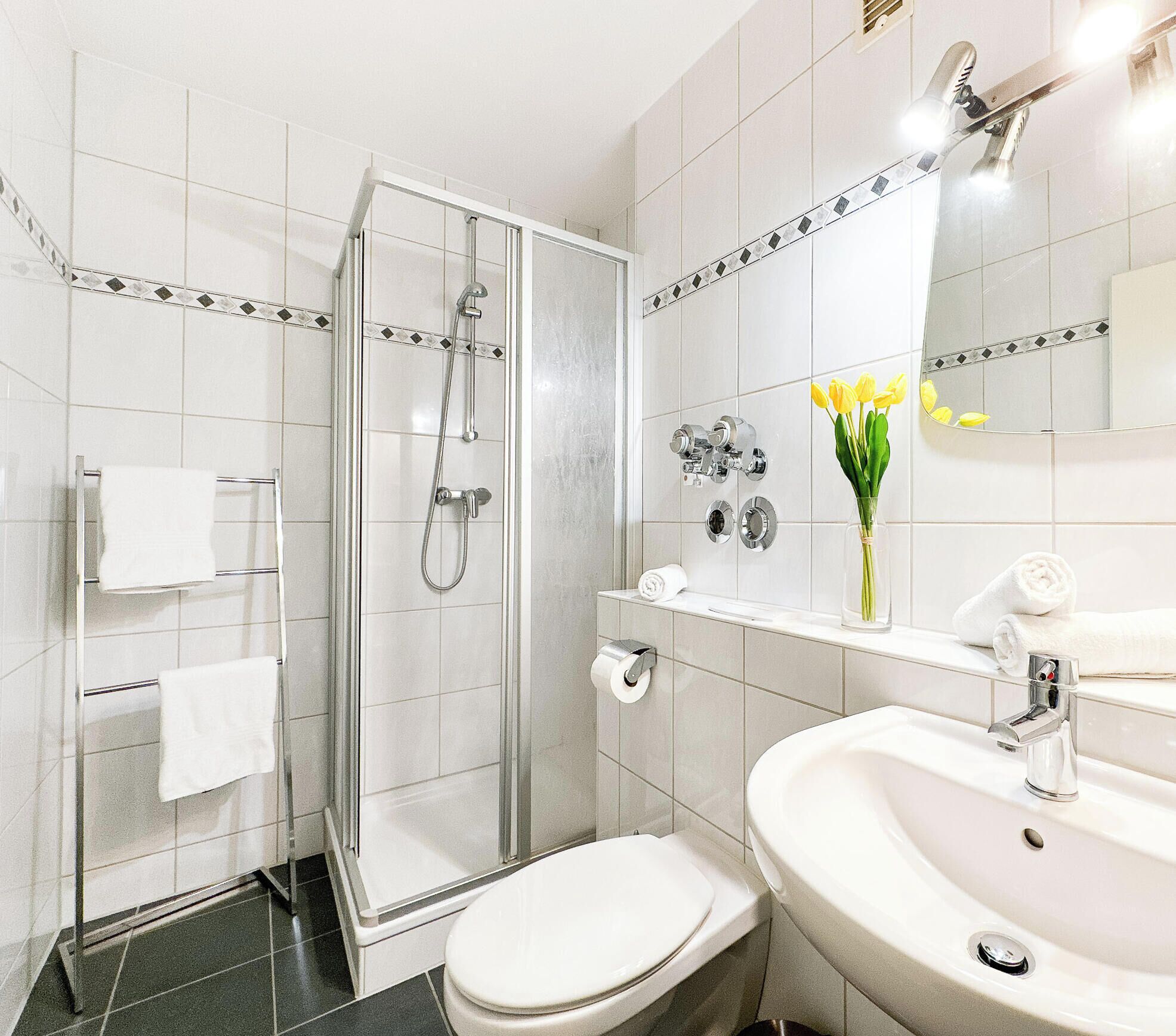 Ein modernes Badezimmer mit Glasdusche, Toilette, Waschbecken und Spiegel.
