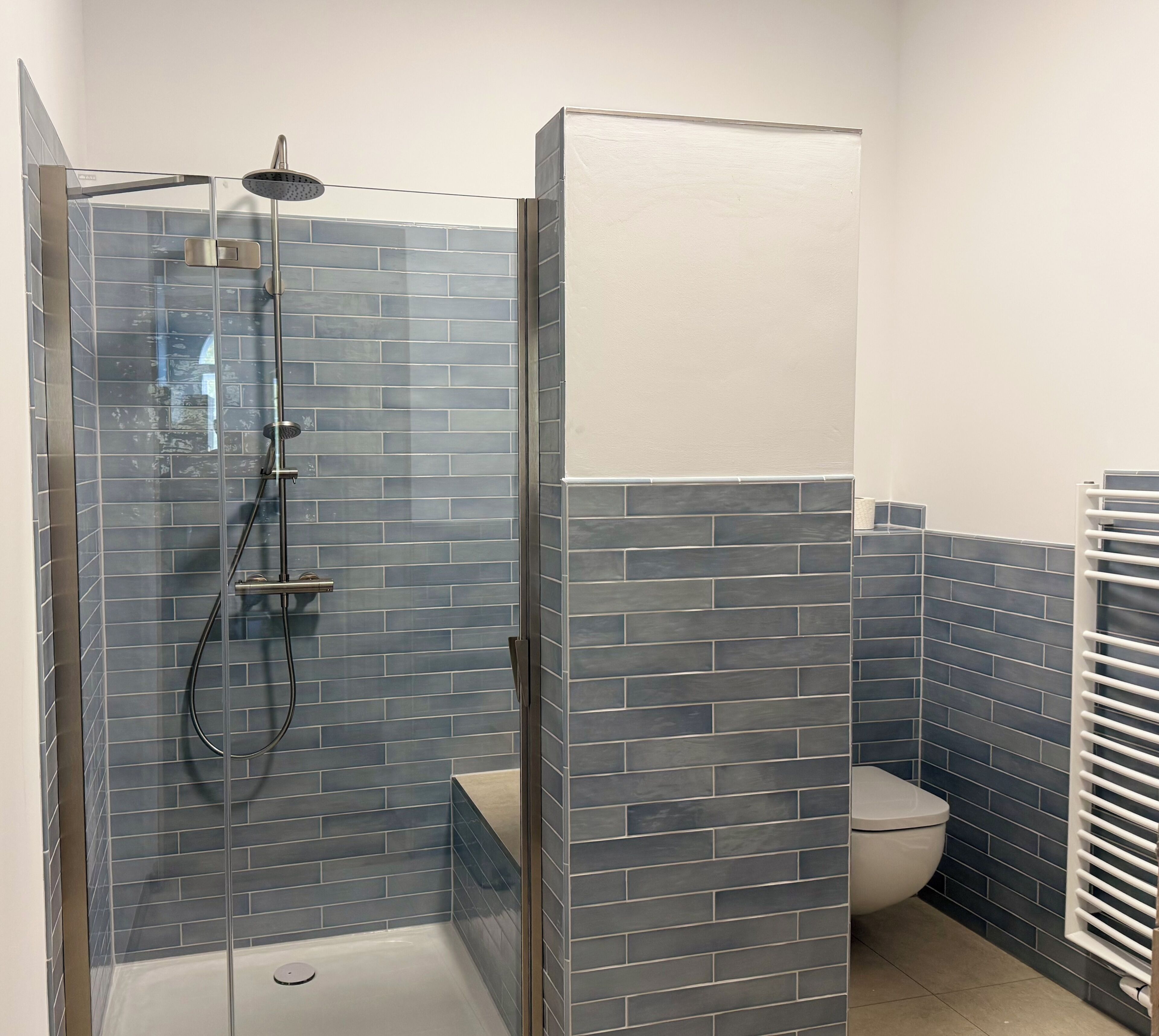 Une salle de bain avec une douche à parois de verre, des toilettes et un porte-serviettes.