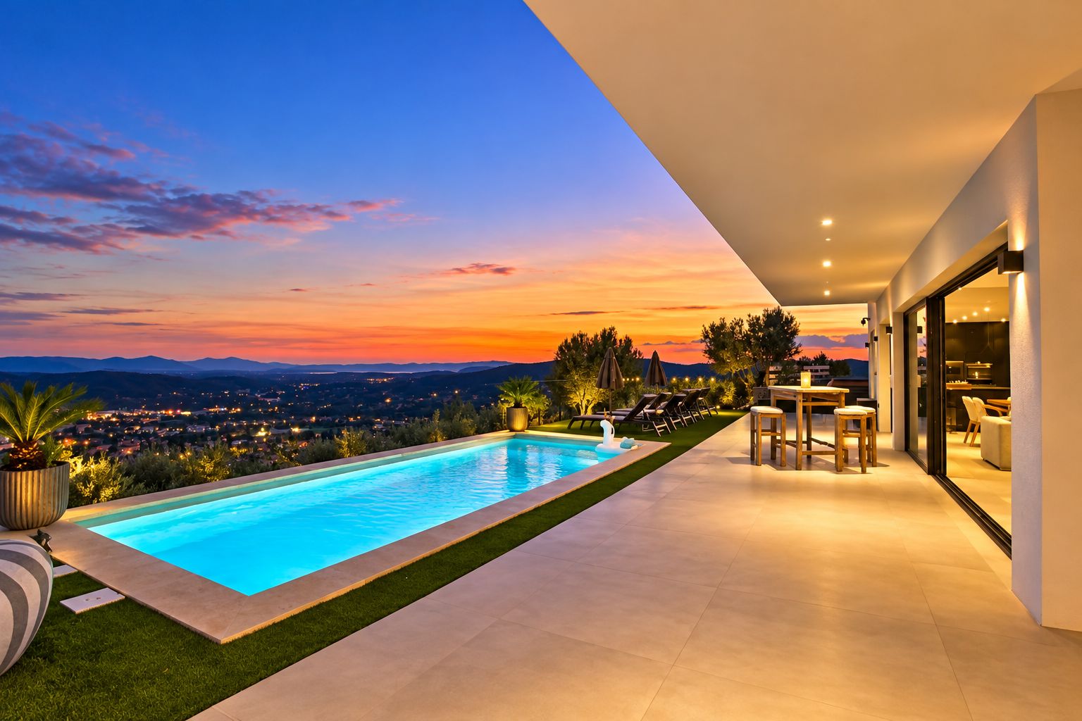 Un espace piscine extérieur moderne offrant une vue sur le paysage urbain au coucher du soleil.