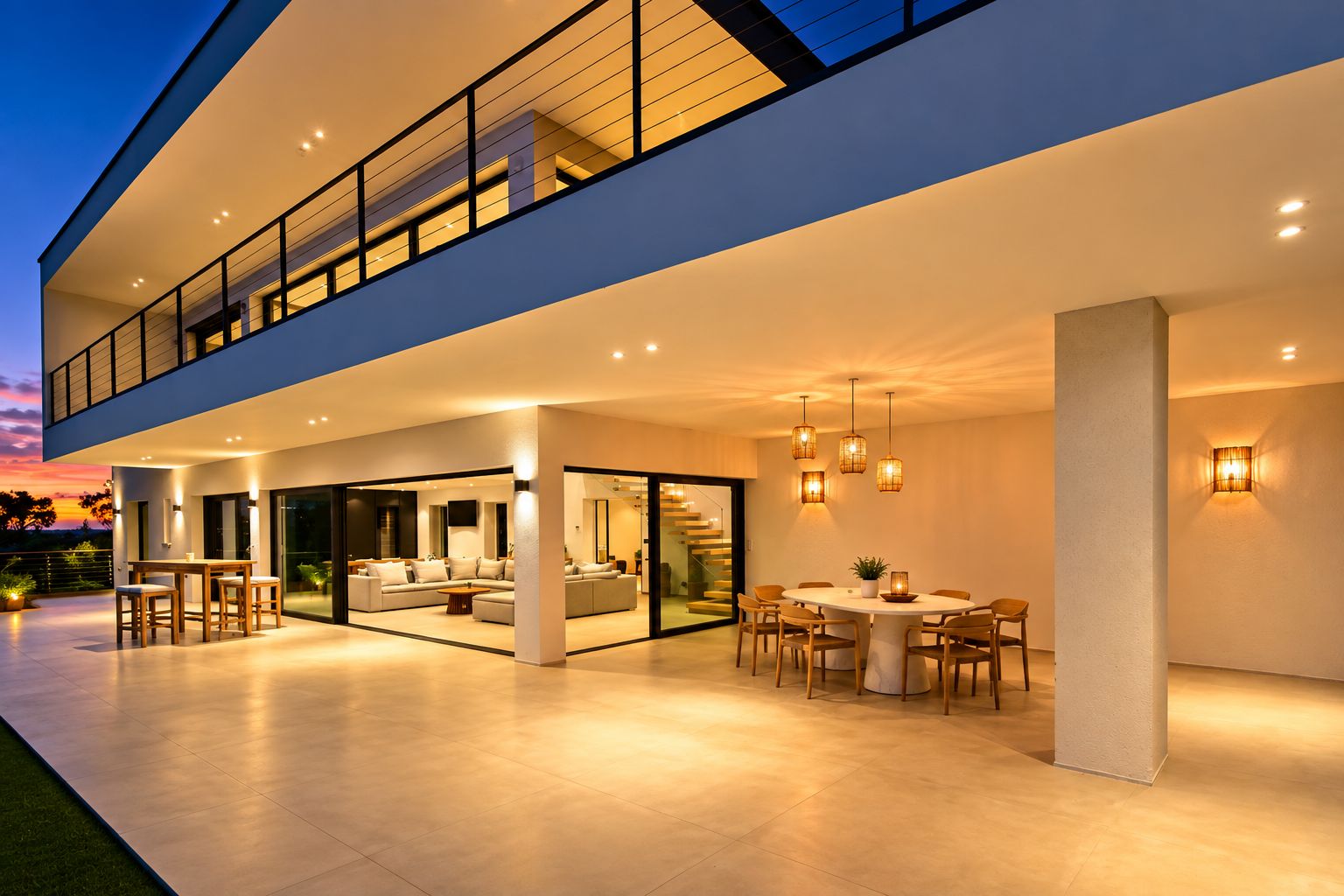 Une maison moderne à deux étages dotée d’un espace repas extérieur, d’un balcon et d’un escalier menant à l’étage supérieur.