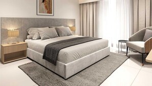 A modern bedroom with a large bed, bedside lamps, a ceiling fan, and an air conditioning unit. - Palette Orient Greenz Pench by Checkin (Kurai)