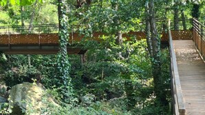 A wooden bridge over a forested area with dense vegetation and a stone structure. - Mobile home 27sqm, 6 pers, 3 bed, terrace (Espira-de-Conflent)