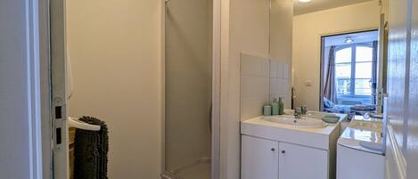 A compact bathroom with a shower, a sink, and a mirror.