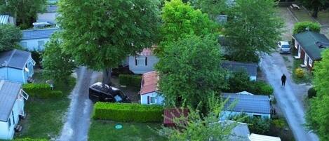 Un quartier résidentiel avec des maisons, une allée et une personne qui marche.