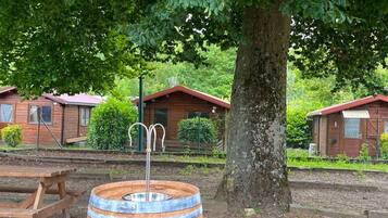 A rustic wooden cabin with a metal fence, a picnic table, and a large tree in the foreground.