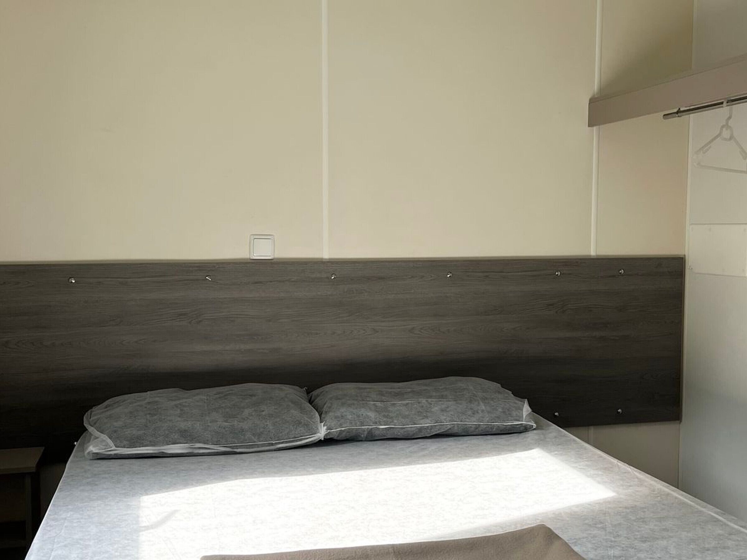 A bed with a dark headboard, a light-colored mattress, and two pillows.