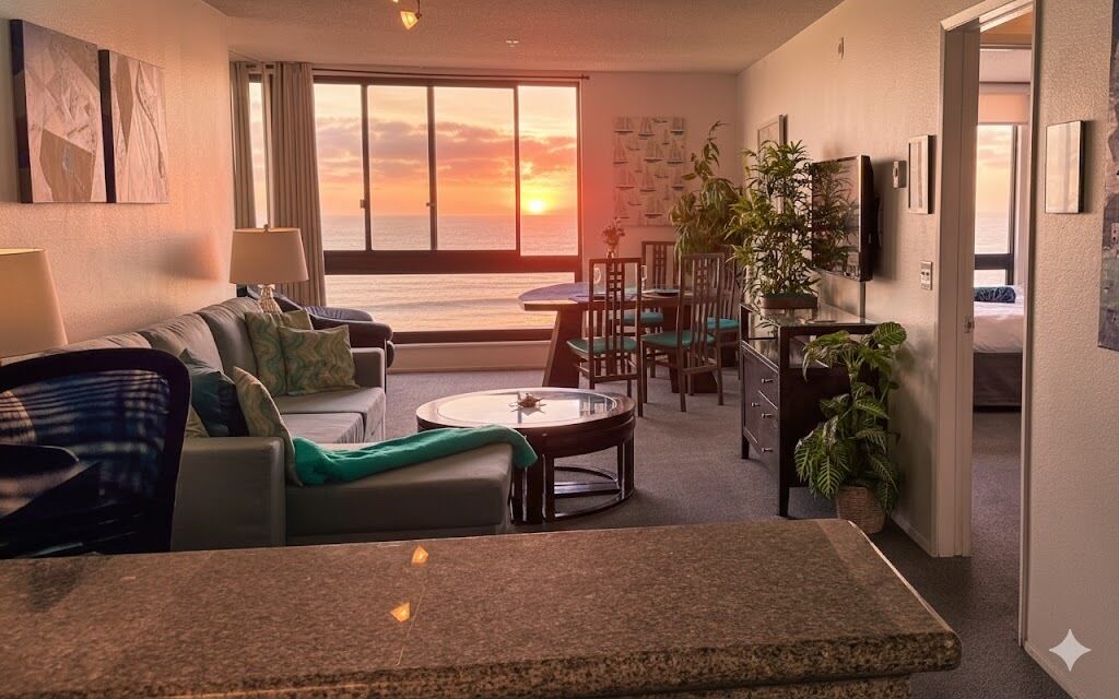 A living room with a sofa, coffee table, and dining area with chairs. There is a large window with a view of the sunset.
