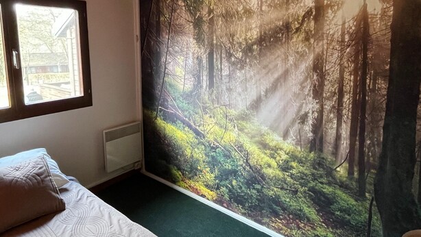 Ein Zimmer mit einem großen Wandgemälde von einem Wald, einem Fenster mit Blick auf ein Gebäude und einem Bett mit Kissen.