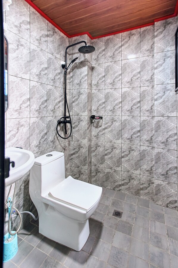 A bathroom with a toilet, sink, and shower. - Helena Home - Kribi (Kribi)