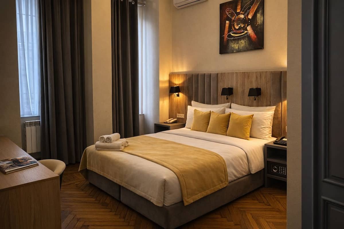 Una habitación de hotel con una cama grande, dos mesitas de noche, un escritorio y una silla.
