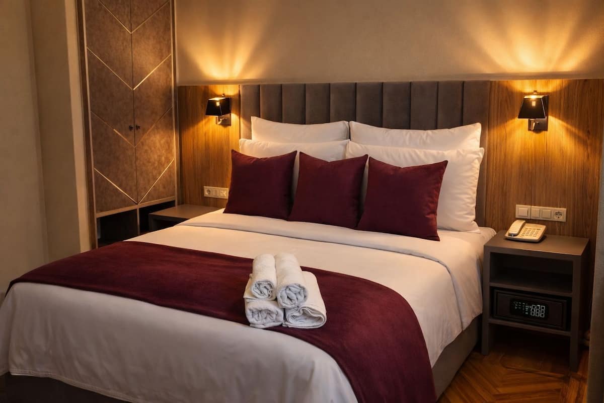 Una cama bien hecha con una colcha rojo y blanco, dos almohadas rojas y un juego de toallas blancas sobre la cama. Hay dos mesitas de noche, con lámparas y un teléfono sobre una de ellas. La habitación tiene una pared de paneles de madera en un lado y una pared lisa en el otro.