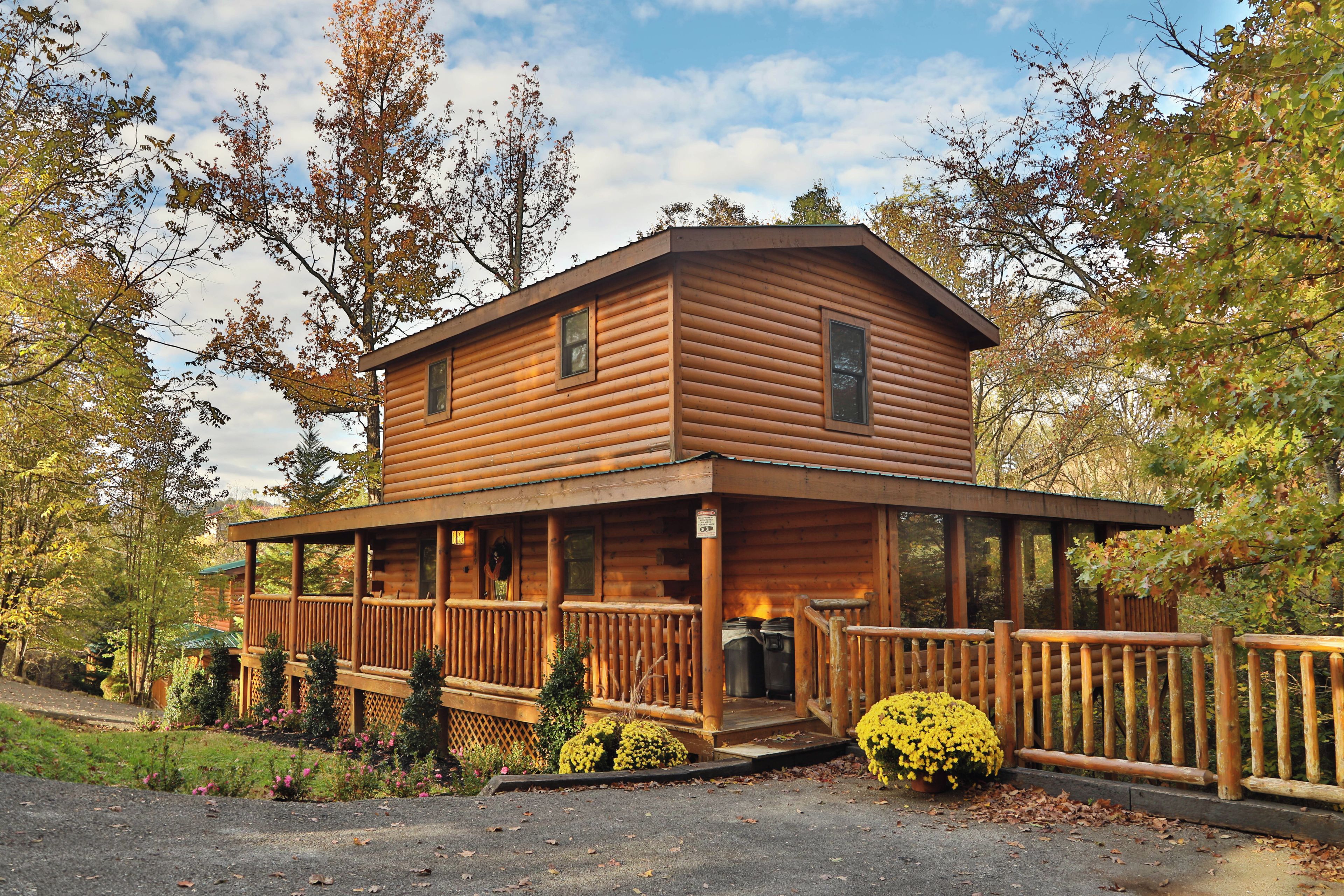A wooden cabin with a porch and a fenced deck, surrounded by trees and shrubs.