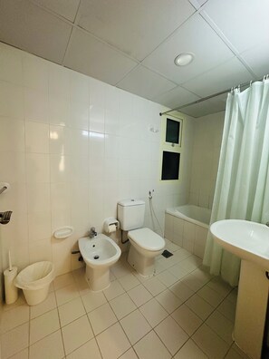 Hair dryer, bidet, towels, soap