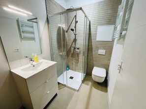 Shower, hair dryer, towels, soap