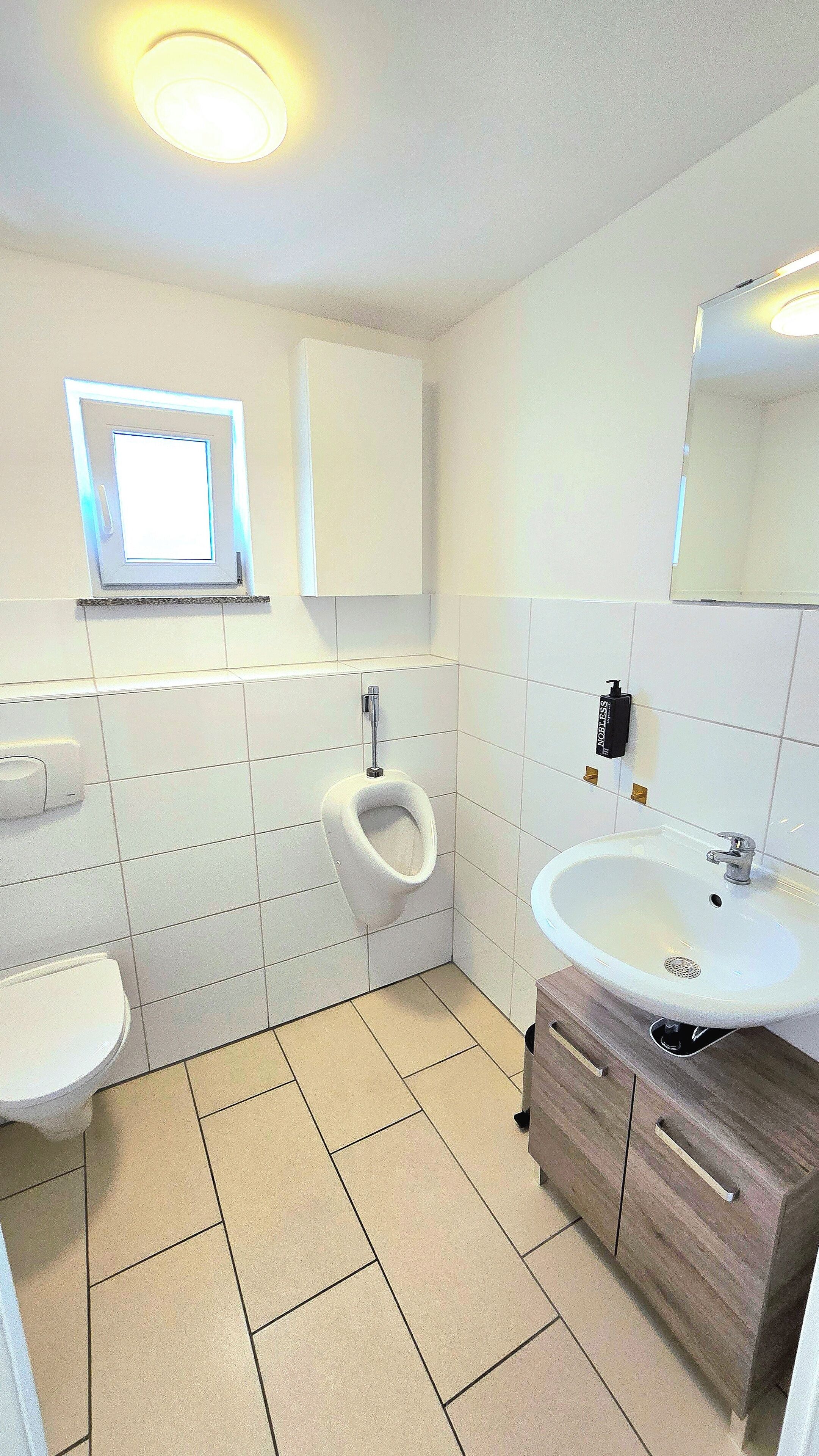 A modern bathroom with a toilet, urinal, sink, and mirror.