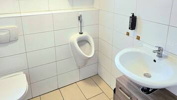 A modern bathroom with a toilet, urinal, sink, and mirror.