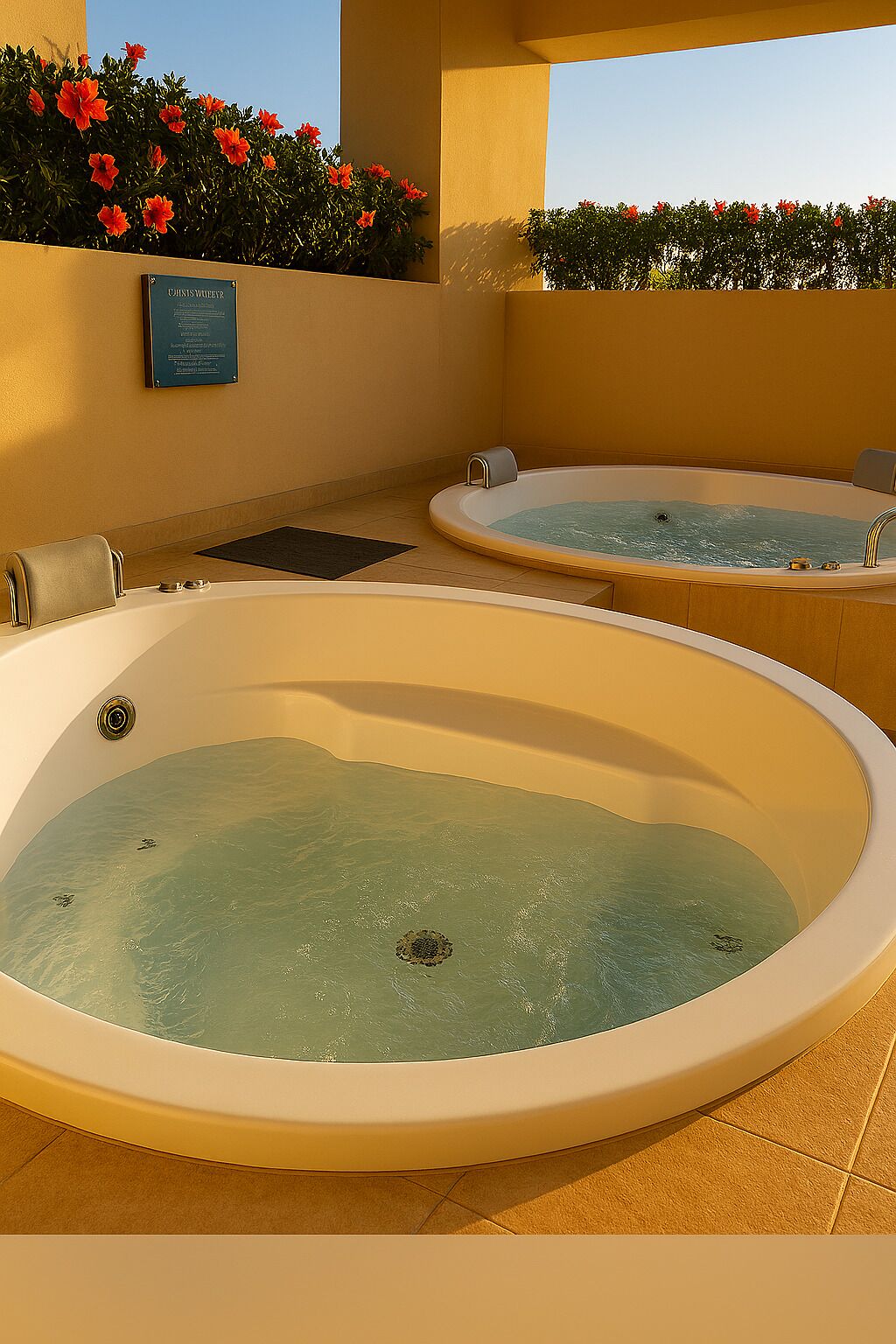 Twee bubbelbaden met helder water, een plaquette aan de muur en rode bloemen op de achtergrond.