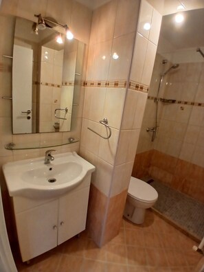 Ducha, secador de pelo, toallas y jabón