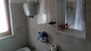 A bathroom with a toilet, a bidet, a shower, and a mirror. - AT THE OLD STUDIO (Vibo Valentia)