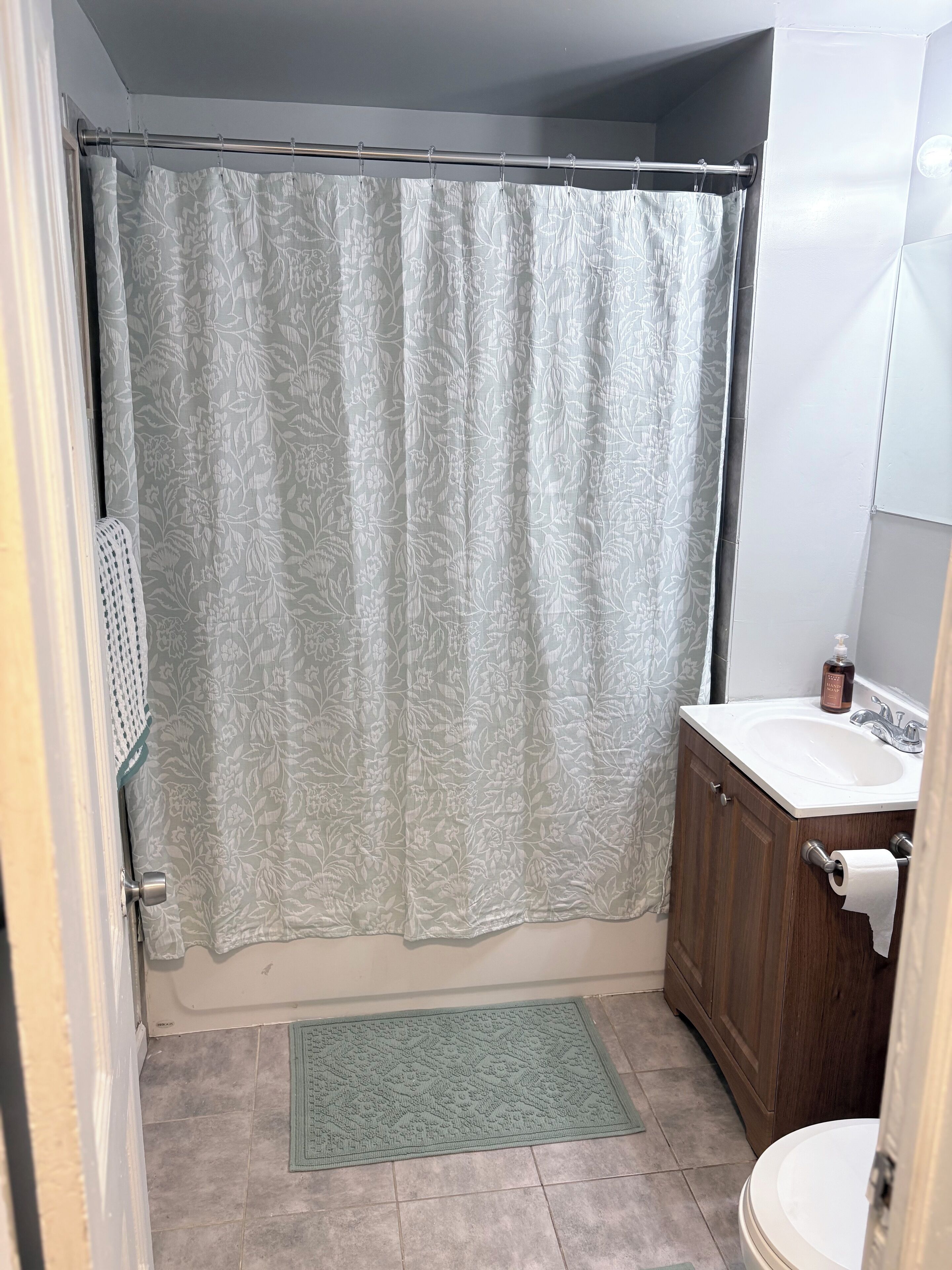 Hair dryer, towels, soap, toilet paper