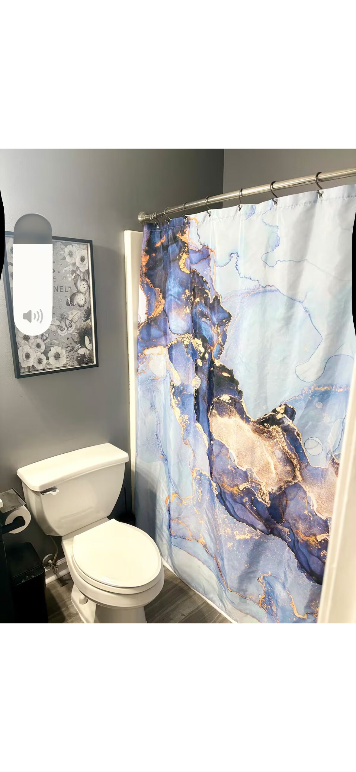 Une salle de bain avec des toilettes, un rideau de douche orné d’un motif abstrait bleu et doré, et un tableau encadré accroché au mur.