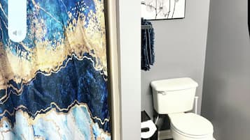 Hair dryer, towels, soap, toilet paper