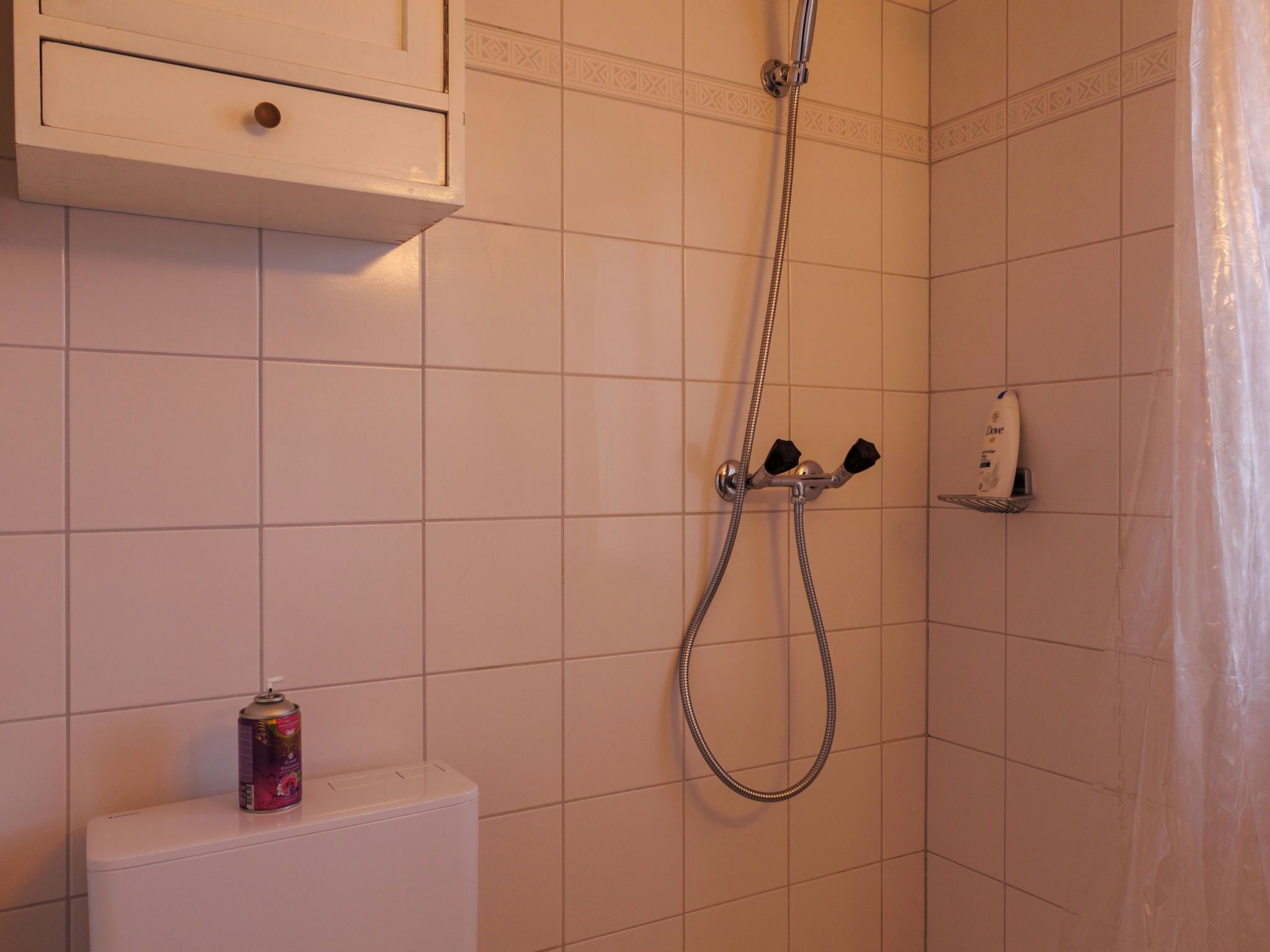 A bathroom with a shower, a toilet, and a shelf with toiletries.