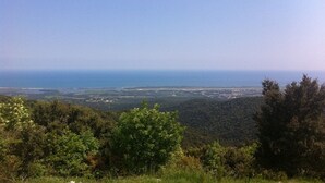 Eine Küstenlandschaft mit Blick auf das Meer und das entfernte Land.