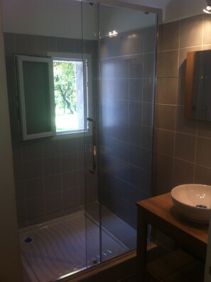 Shower, towels, soap, toilet paper