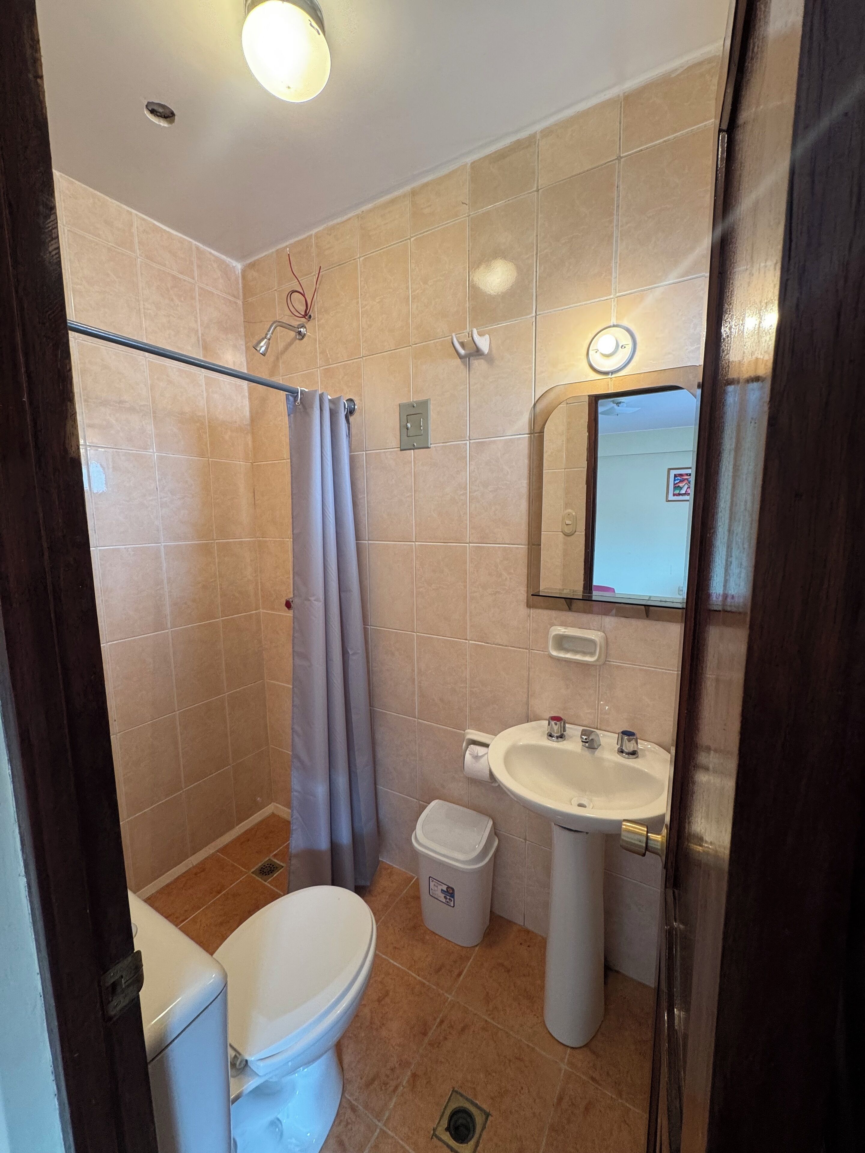 A bathroom with a toilet, sink, and shower.