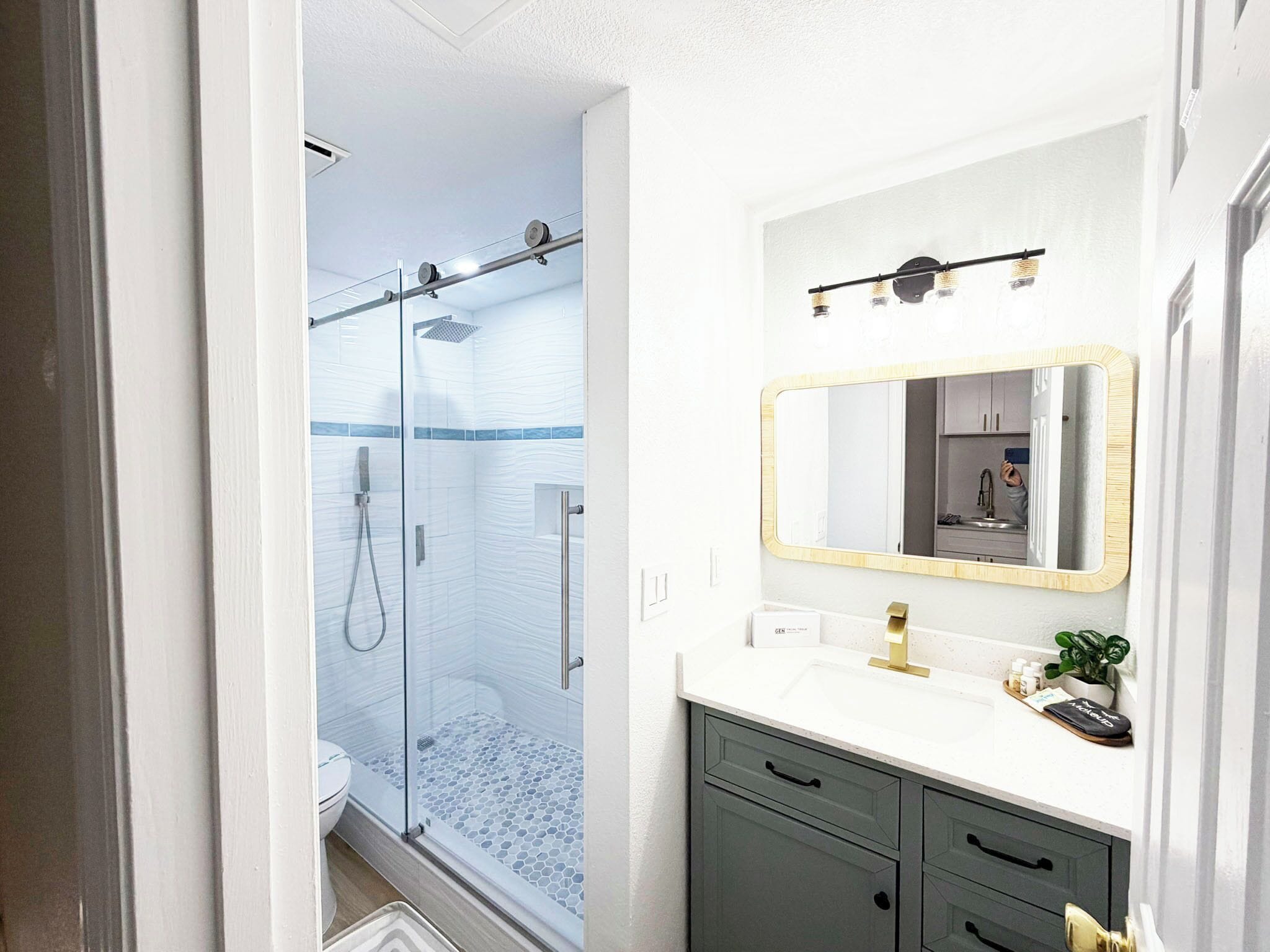 A modern bathroom with a shower, a sink with a mirror, and a small plant on the counter.