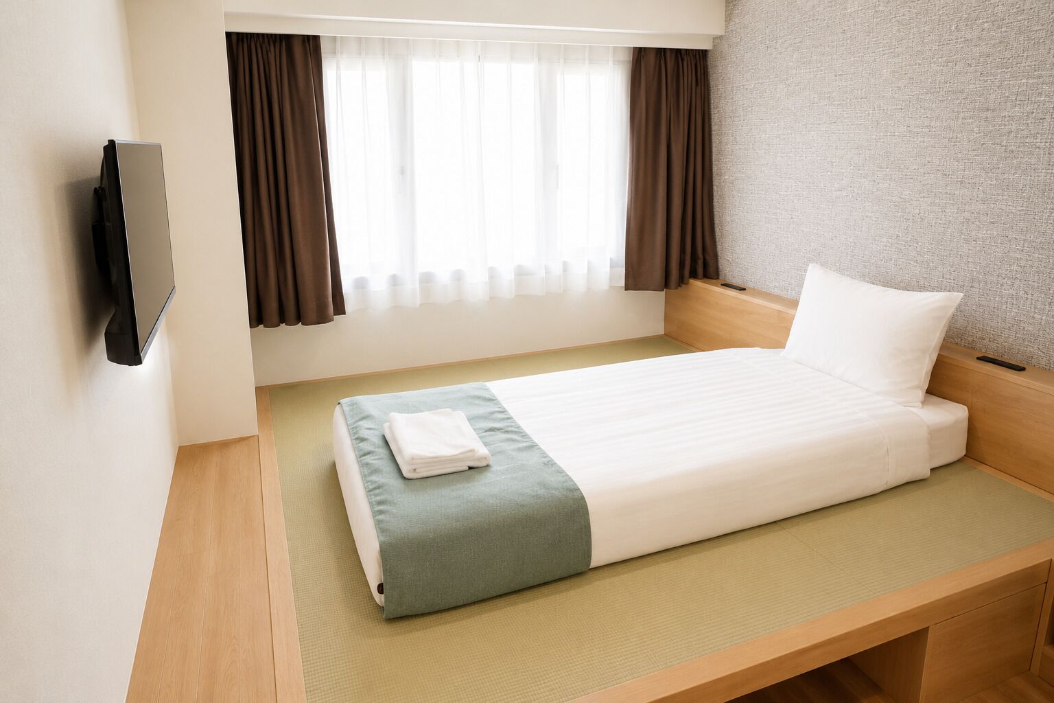 A hotel room with a bed, a TV mounted on the wall, and a window with curtains.