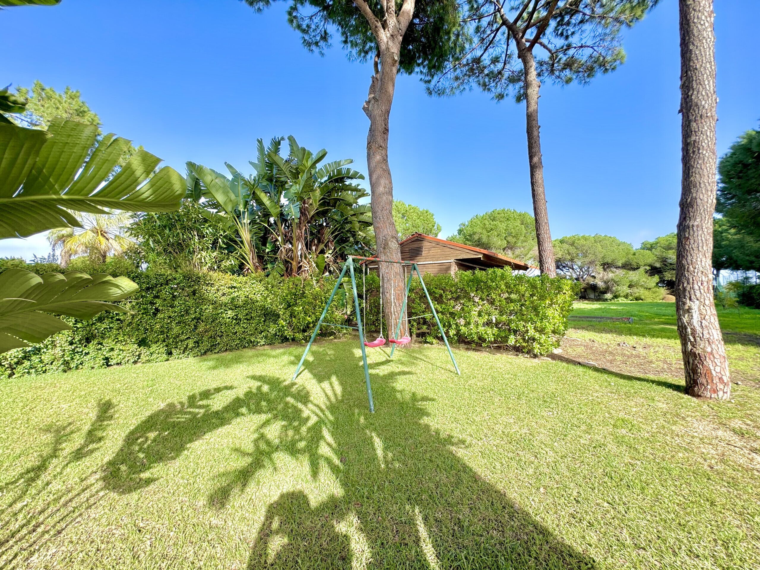 A well-maintained garden with a swing set, neatly trimmed hedges, and tall trees.