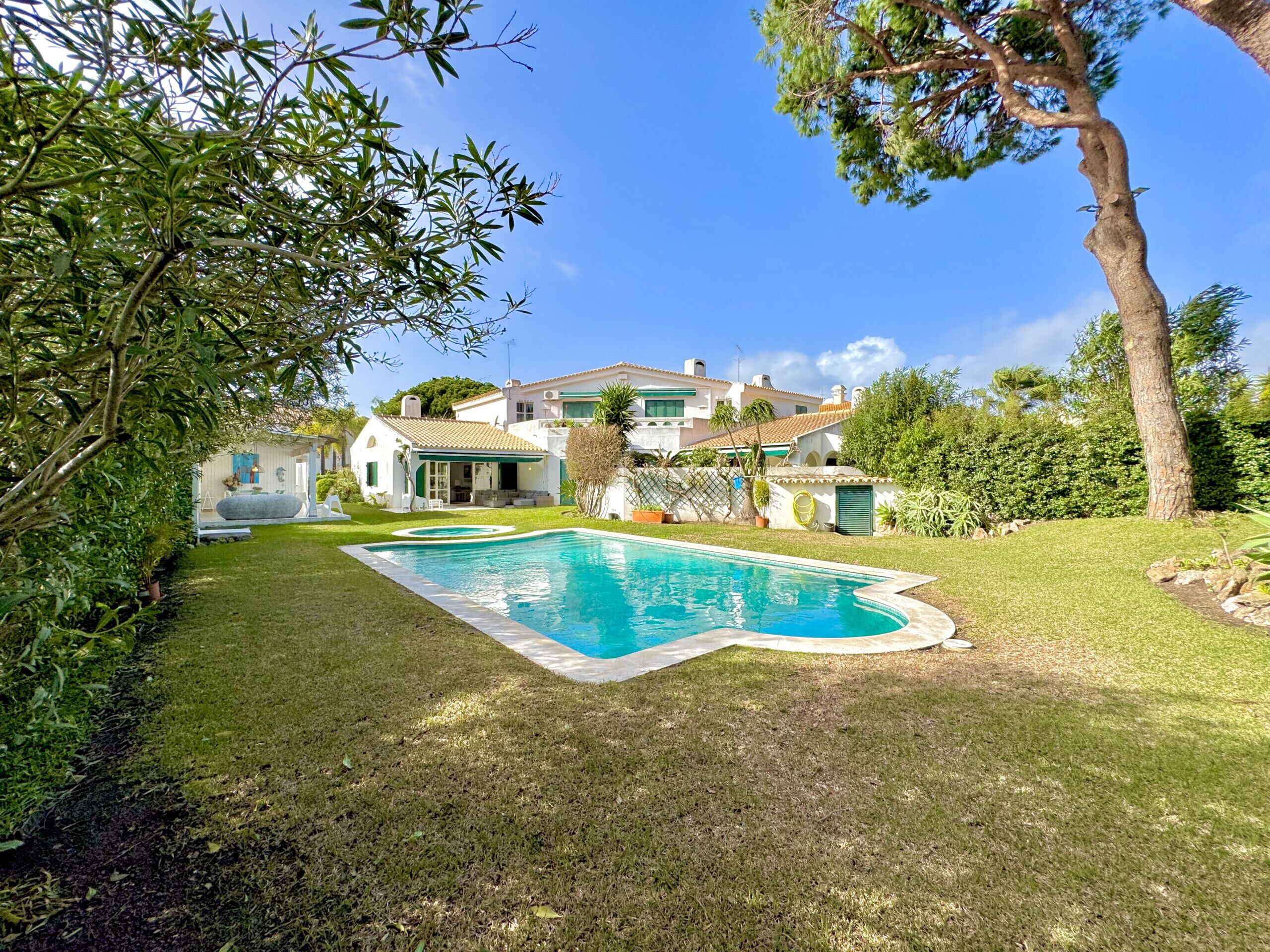 A house with a swimming pool surrounded by a well-maintained lawn and trees.