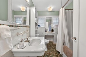 Hair dryer, towels, soap, toilet paper