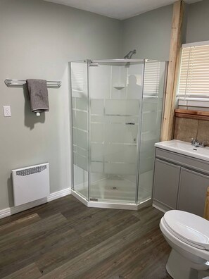 A bathroom with a glass shower enclosure, a white toilet, and a sink with a mirror above it. - Oakhill Oasis Guest House (Oak Hill)