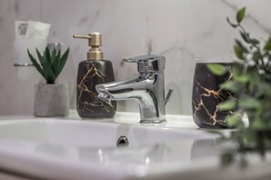 Shower, hair dryer, bidet, towels