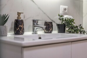 Shower, hair dryer, bidet, towels